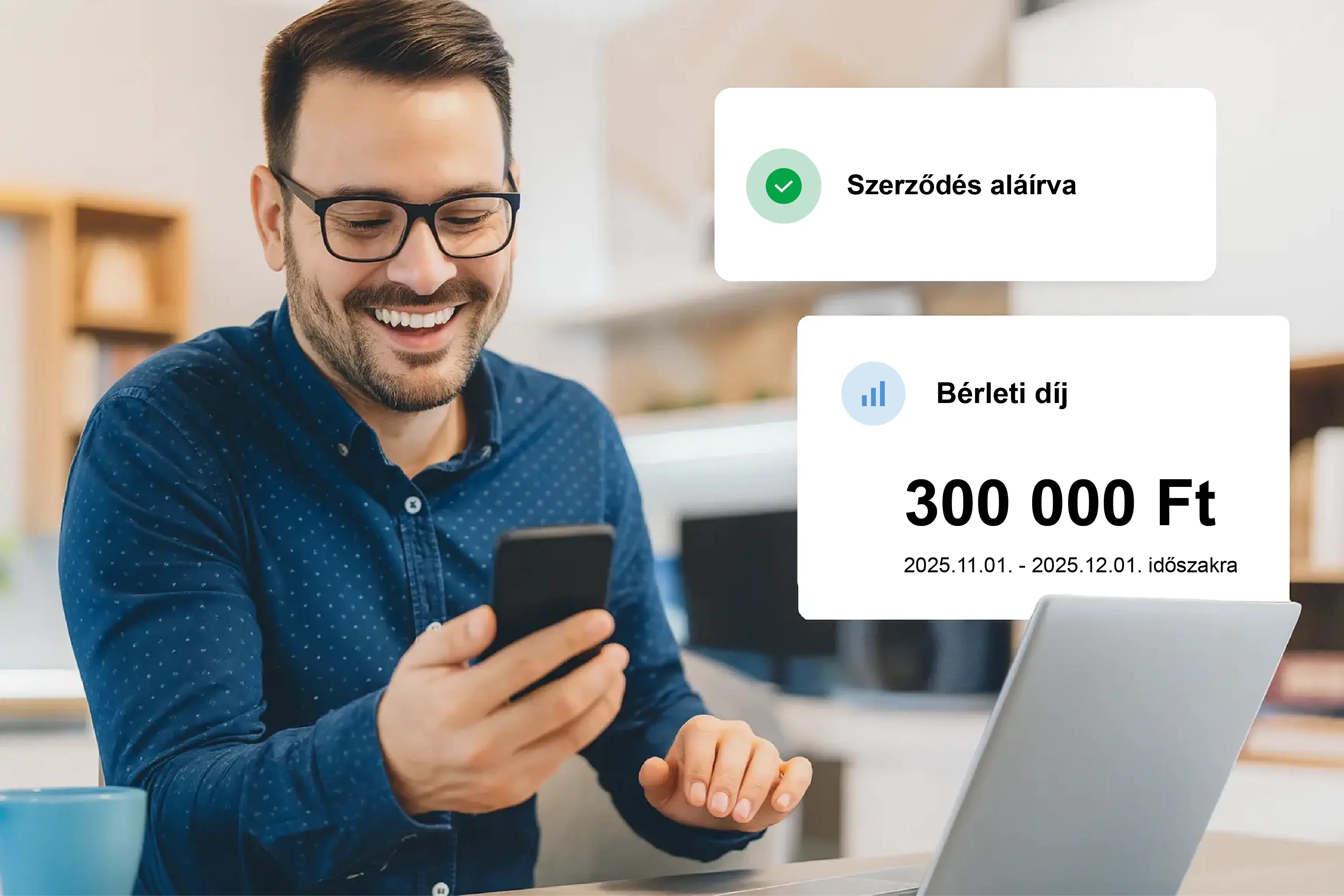 Landlord smiling using phone